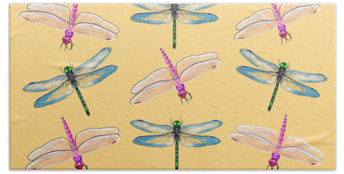 Dragonflies Beach Towel featuring the mixed media Dragonflies in Sunset by Judy Cuddehe