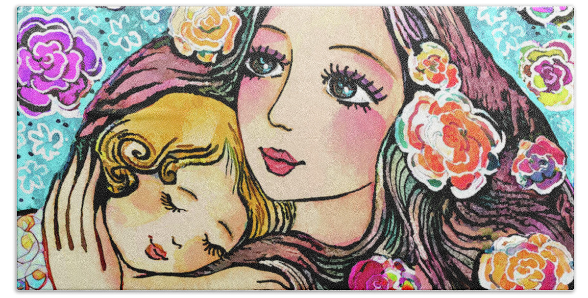 Mother And Child Beach Towel featuring the painting Dreaming in Roses by Eva Campbell