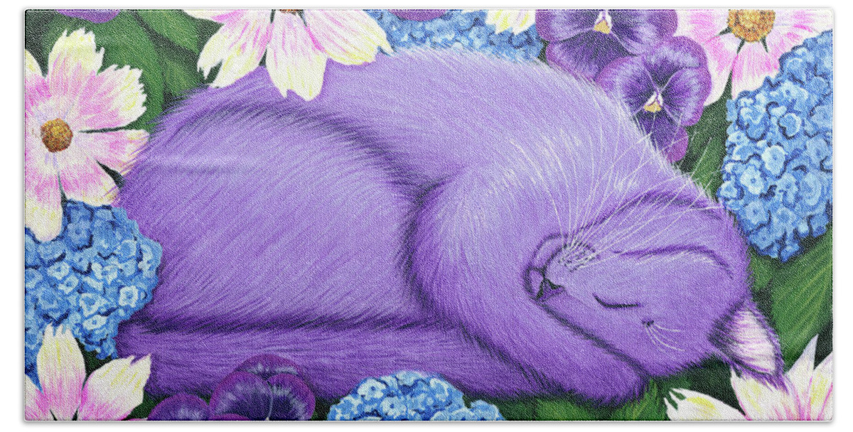Dreaming Beach Towel featuring the painting Dreaming Sleeping Purple Cat Spring Flowers by Carrie Hawks