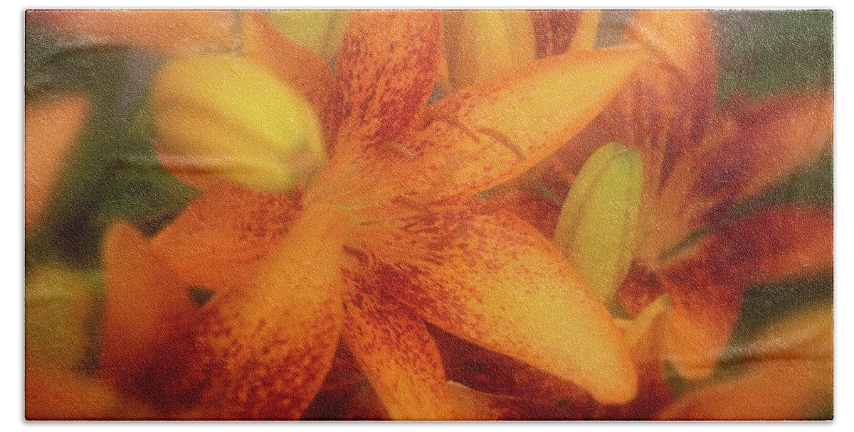 Lily Beach Towel featuring the photograph Dreamy Orange Sensation Lily by Angie Tirado