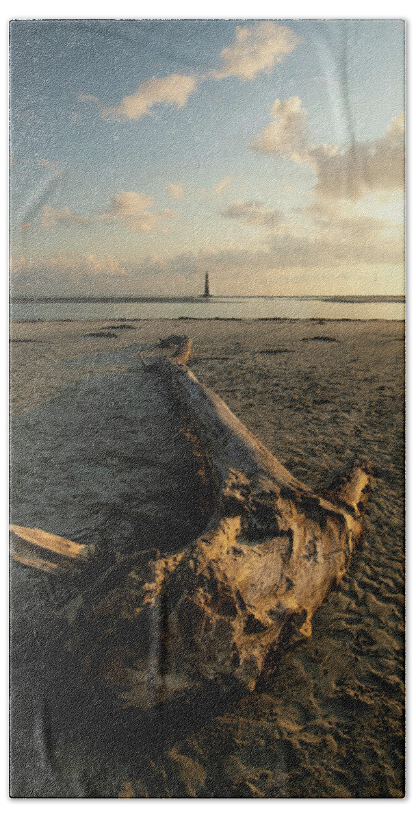 Folly Beach Beach Towel featuring the photograph Driftwood and Lighthouse Folly Beach by Donnie Whitaker
