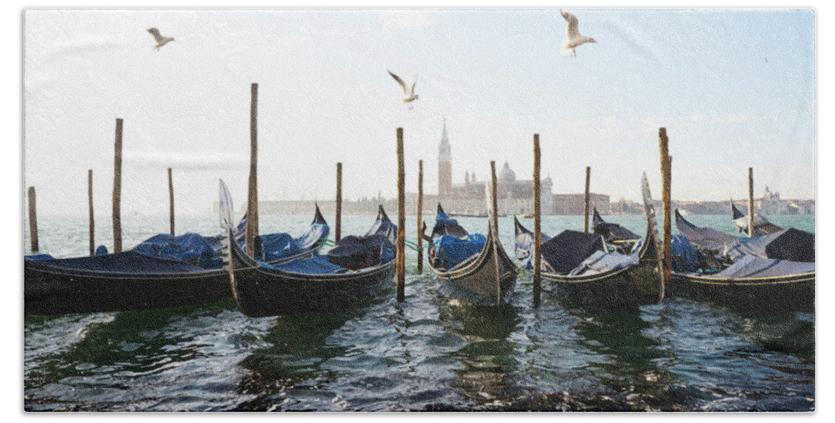 Art Beach Towel featuring the photograph Dsc6469 - Seagulls on blu gondola, Venice by Marco Missiaja