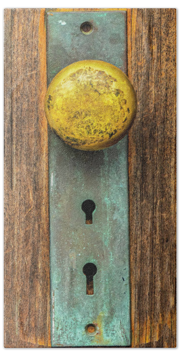 Weathered Beach Towel featuring the photograph Dual Keyholes And Weathered Doorknob by Gary Slawsky