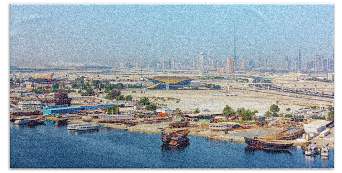 Burj Khalifa Beach Towel featuring the photograph Dubai Waterfront Cityscape by SR Green