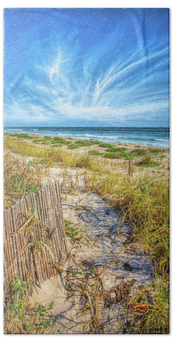 Clouds Beach Towel featuring the photograph Dunes Fences on a Beautiful Morning by Debra and Dave Vanderlaan