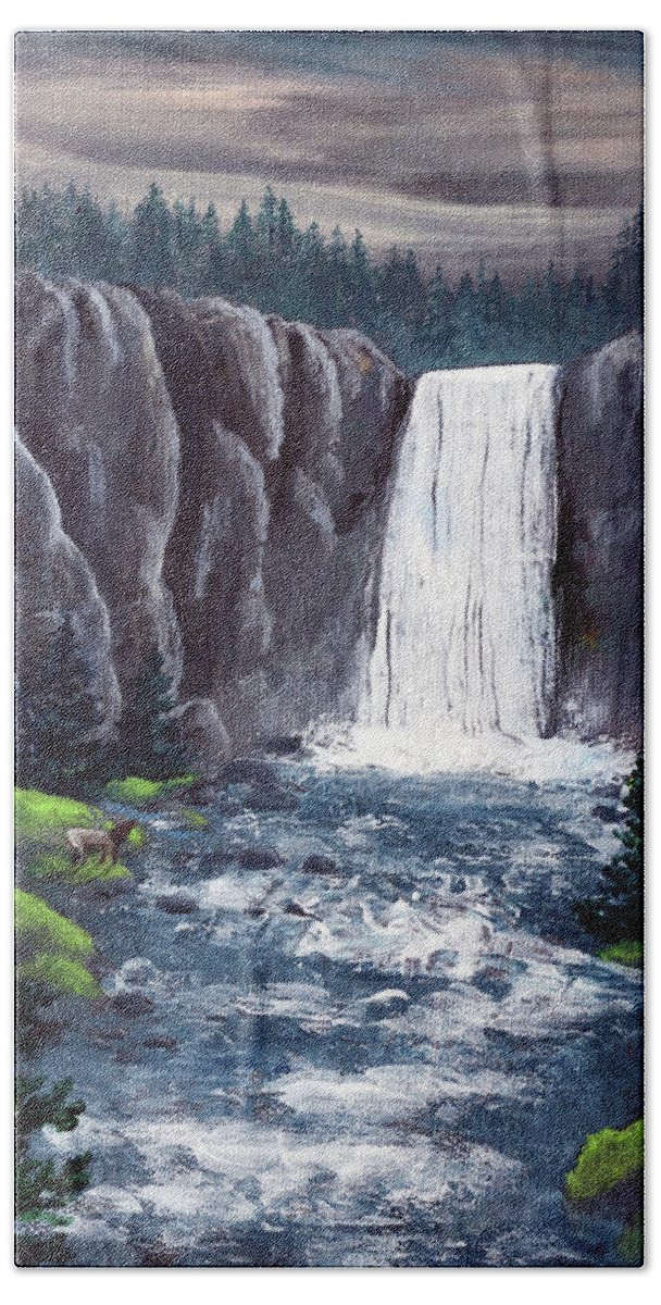 Tumalo Falls Beach Towel featuring the painting Dusk at Tumalo Falls by Laura Iverson
