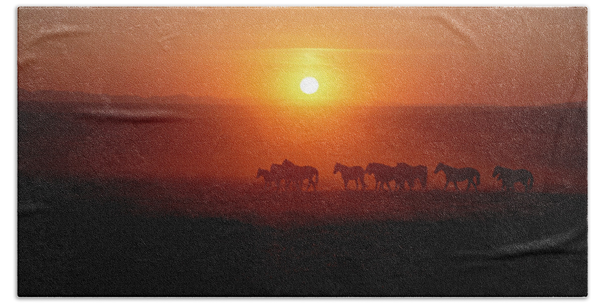 Horse Beach Towel featuring the photograph Dusky Orange Wild Horse Sunset by Dirk Johnson