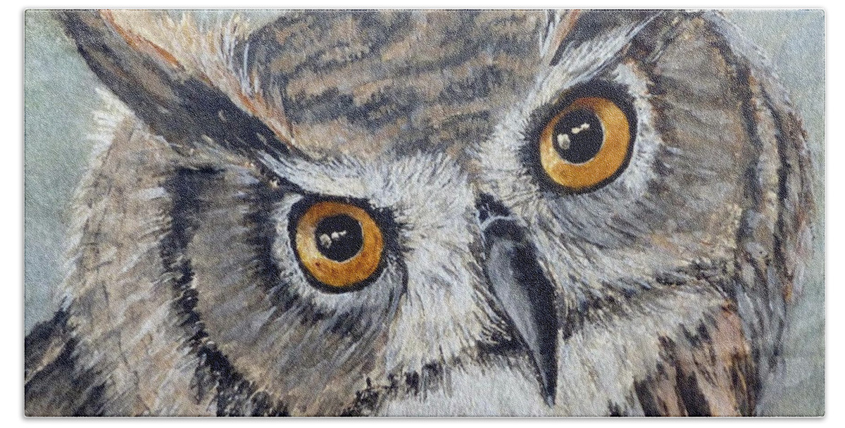 Eagle Beach Towel featuring the painting Eagle Owl by Kelly Mills
