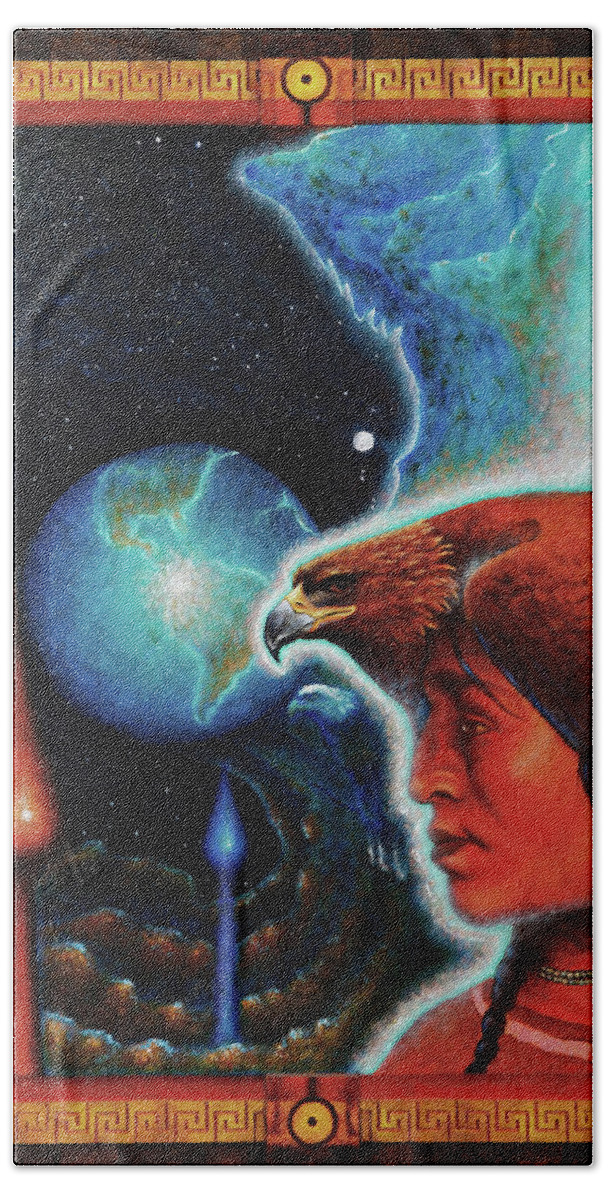 Native American Beach Towel featuring the painting Eagle's Roost by Kevin Chasing Wolf Hutchins
