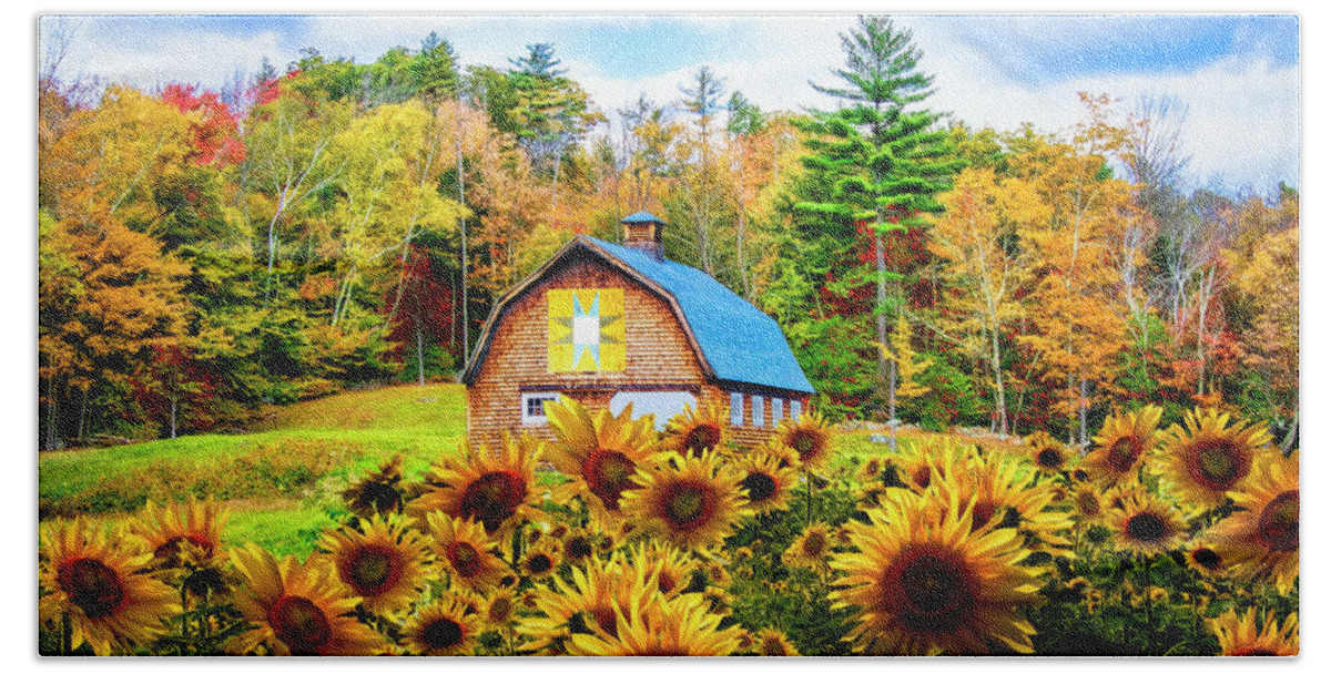 Barn Beach Towel featuring the photograph Early Autumn Sunflowers by Debra and Dave Vanderlaan