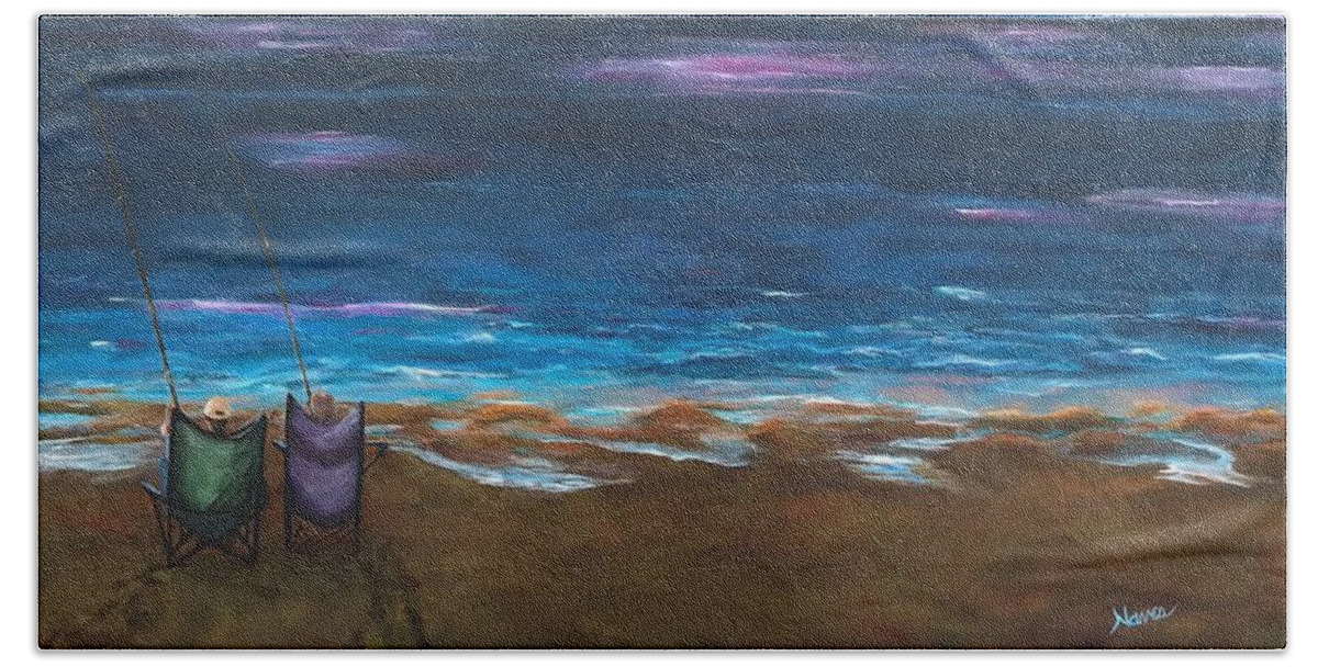Pink Sky Beach Towel featuring the painting Early Morning Surf Fishing by Deborah Naves