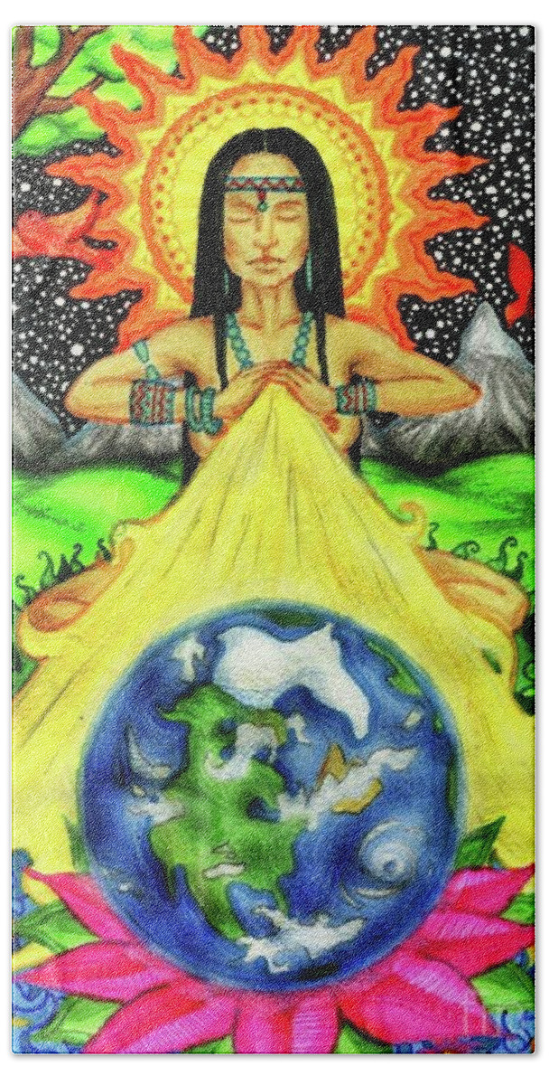 Earth Beach Towel featuring the drawing Earth Healing by Baruska A Michalcikova
