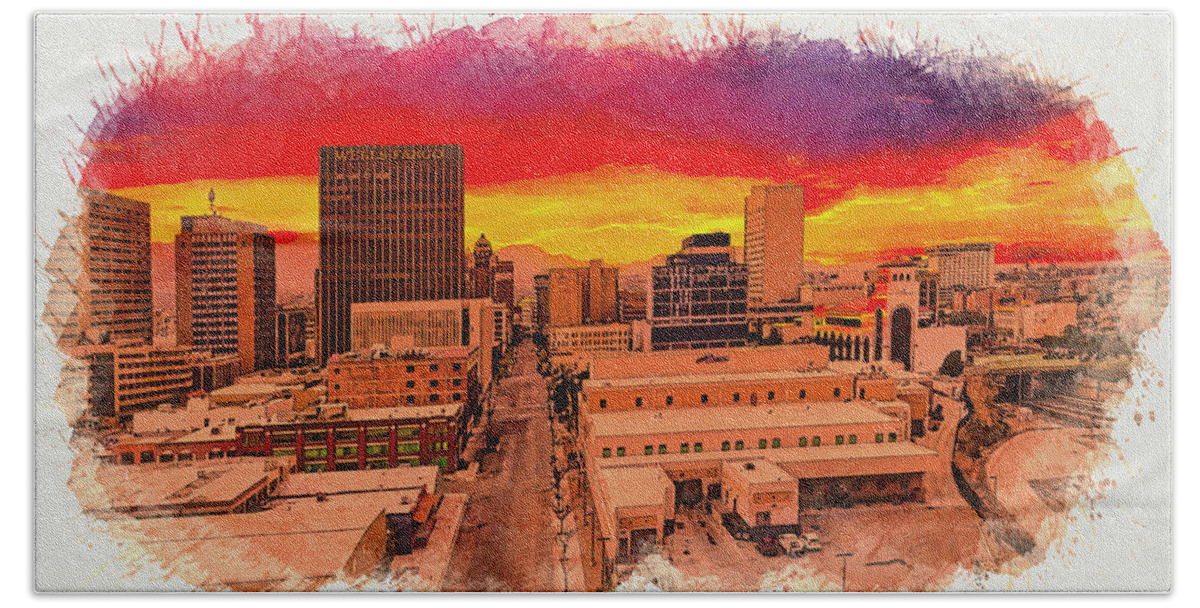 El Paso Beach Towel featuring the digital art East Mills Avenue in downtown El Paso at sunset - watercolor painting by Nicko Prints