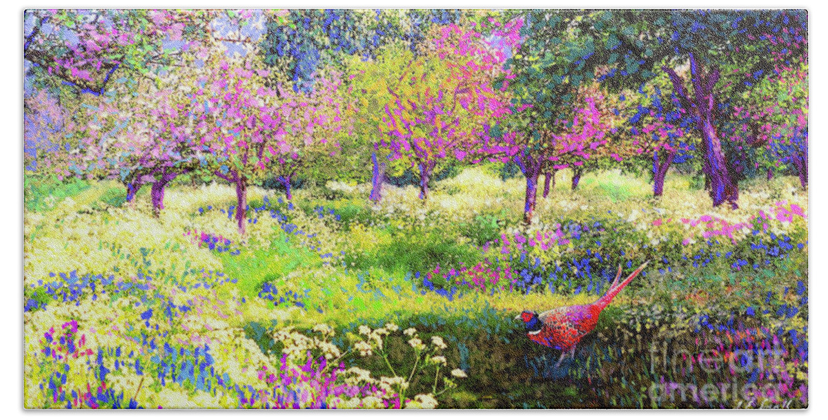 Floral Beach Towel featuring the painting Echoes from Heaven, Spring Orchard Blossom and Pheasant by Jane Small