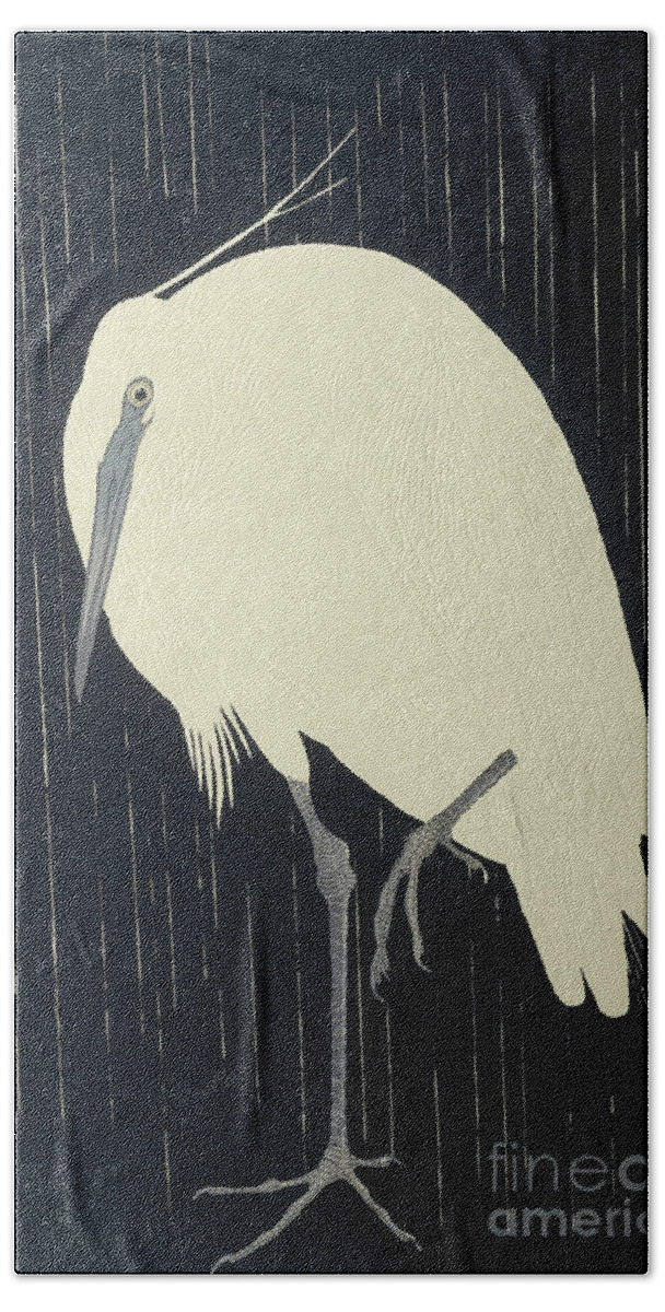 Egret Beach Towel featuring the painting Egret in the rain by Ohara Koson by Ohara Koson