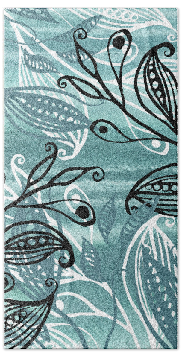 Pods Beach Towel featuring the painting Elegant Pods And Seeds Pattern With Leaves Teal Blue Watercolor V by Irina Sztukowski