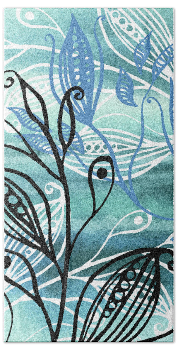 Pods Beach Towel featuring the painting Elegant Pods And Seeds Pattern With Leaves Teal Blue Watercolor VI by Irina Sztukowski