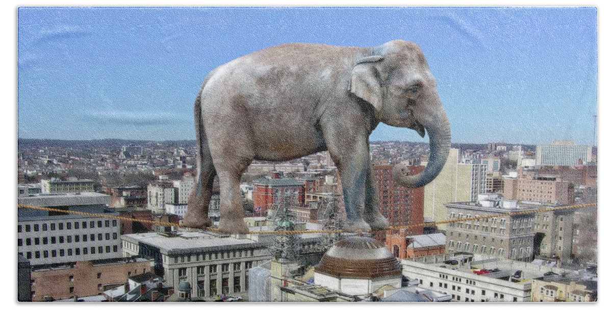 2d Beach Towel featuring the digital art Elephant Tightrope Over Baltimore by Brian Wallace