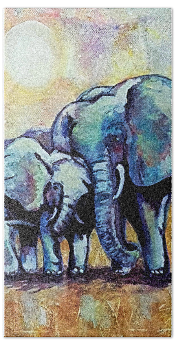 Traditional Beach Towel featuring the painting Elephant with Baby by Rose Lewis