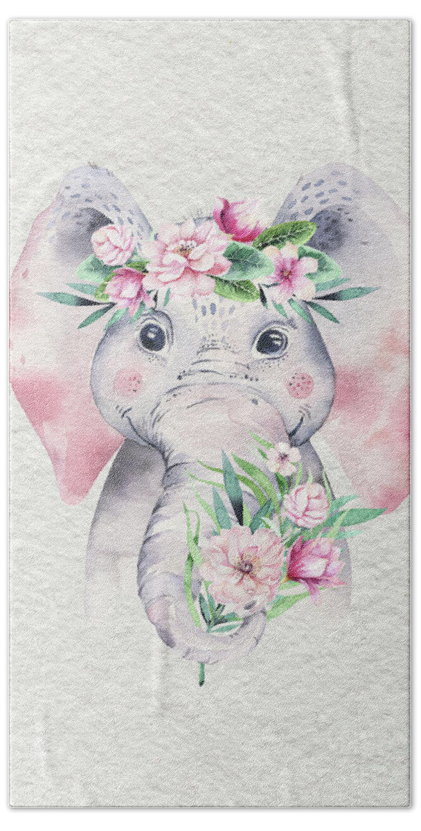 Elephant Beach Towel featuring the painting Elephant With Flowers by Nursery Art