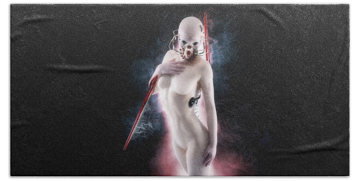 Argus Dorian Beach Towel featuring the digital art Elina the first Hybrid Assassin v2 by Argus Dorian