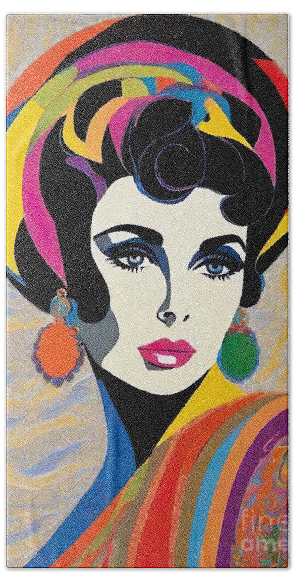 Elizabeth Taylor Beach Towel featuring the digital art Elizabeth Taylor abstract portrait by Movie World Posters