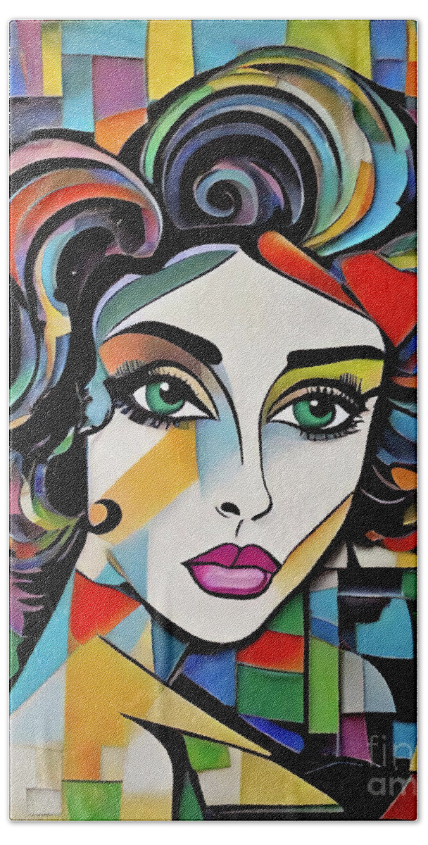Liz Beach Towel featuring the digital art Elizabeth Taylor abstract by Movie World Posters