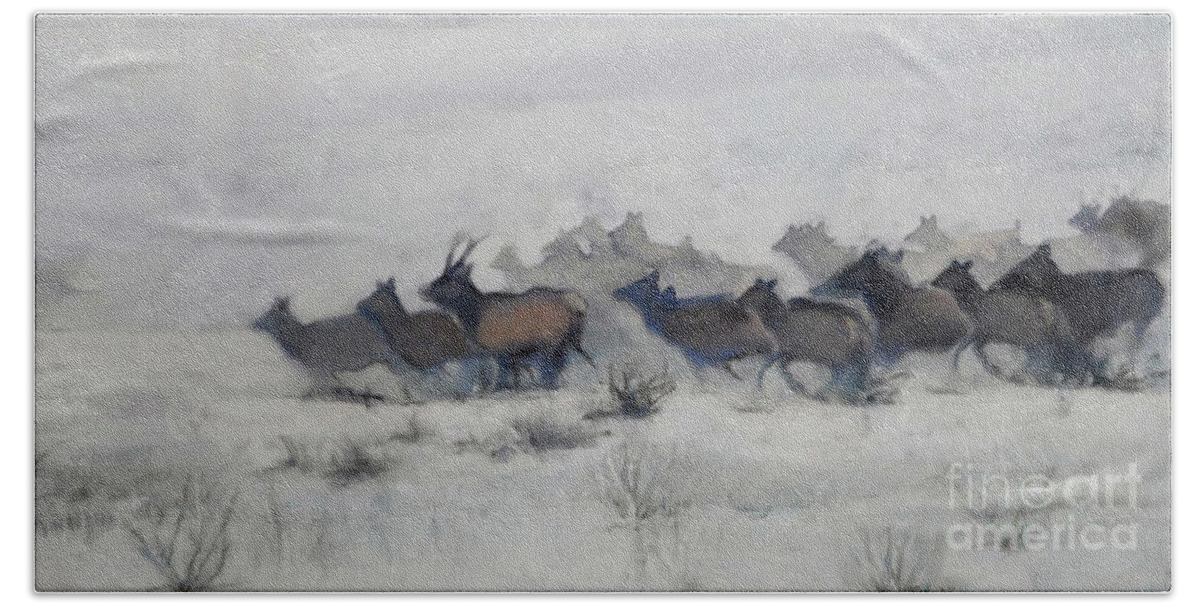 Elk Beach Towel featuring the painting Elk Migration, 2019 by PJ Kirk