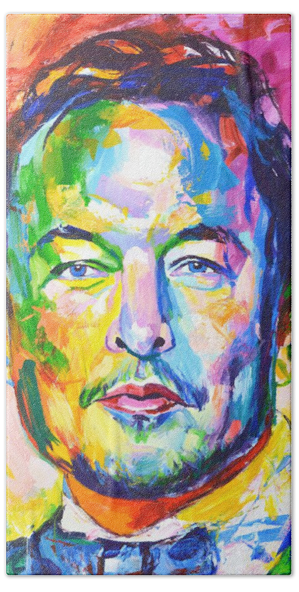 Elon Reeve Musk Beach Towel featuring the painting Elon Musk by Iryna Kastsova