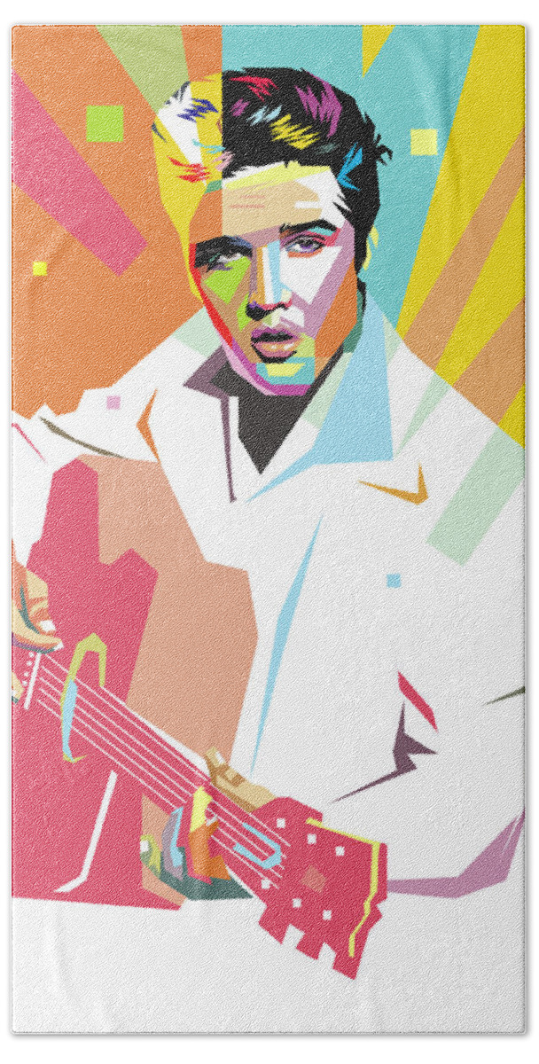 Elvis Presley Beach Towel featuring the digital art Elvis Presley Playing Guitar Wpap Pop Art 2 by Ahmad Nusyirwan