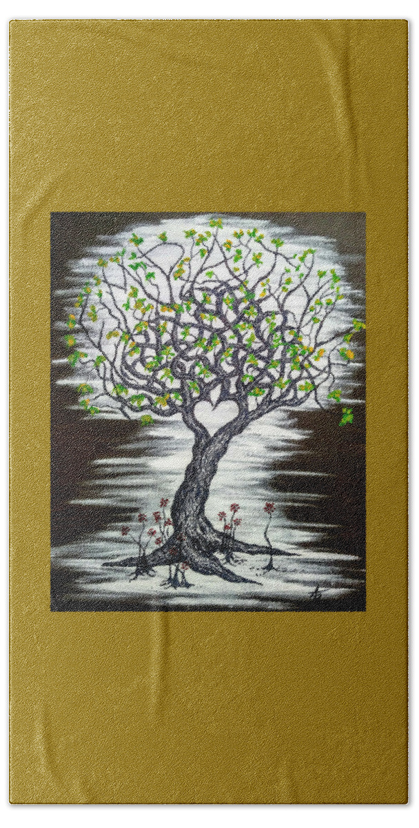 Empathy Beach Towel featuring the drawing Empathy Love Tree w/ foliage by Aaron Bombalicki