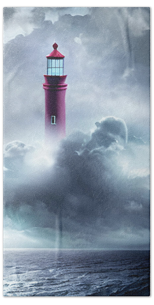 Storm Beach Towel featuring the digital art Enchanted Red Lighthouse in the Ocean by Debra Miller