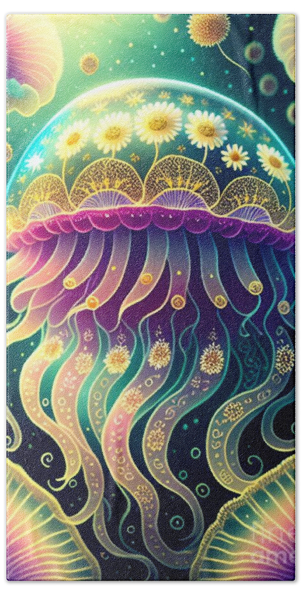 Jellyfish Beach Towel featuring the digital art Enchanting Jellyfish Daisies Garden Digital by Debra Miller