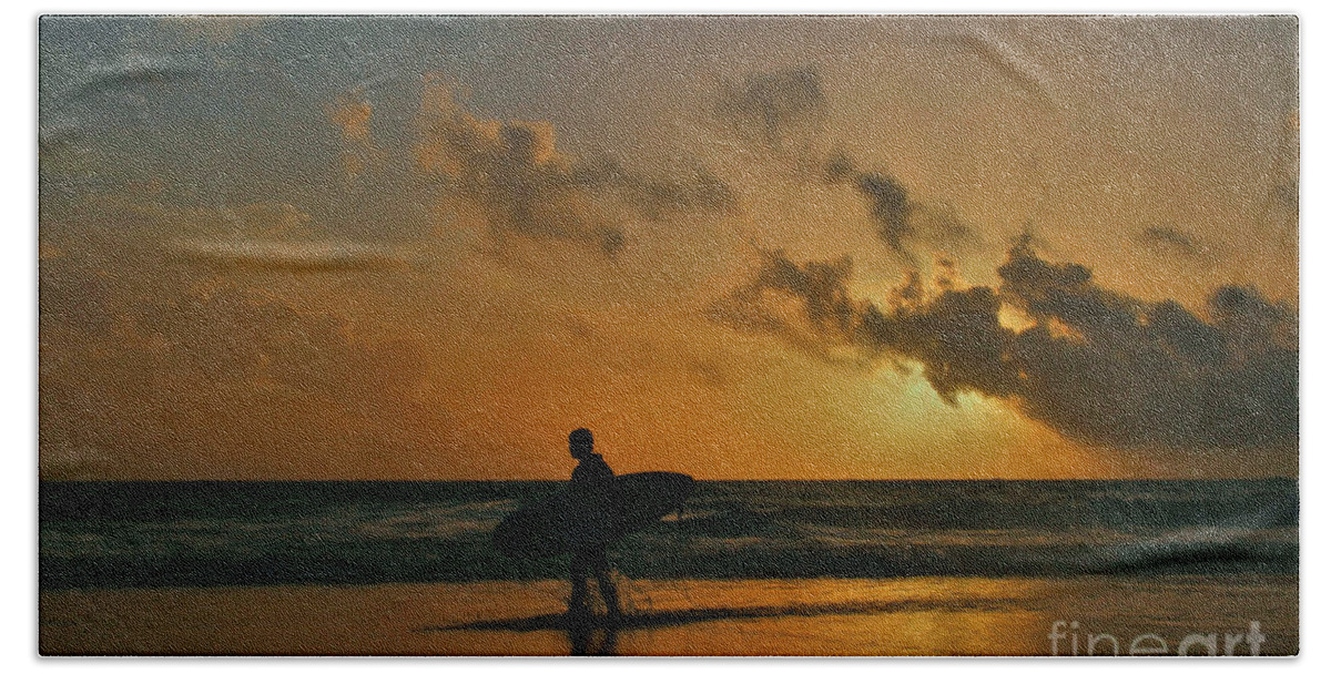 Surfers Surfboards Beach Towel featuring the photograph End of a Day Searching for that Perfect Wave by fototaker Tony