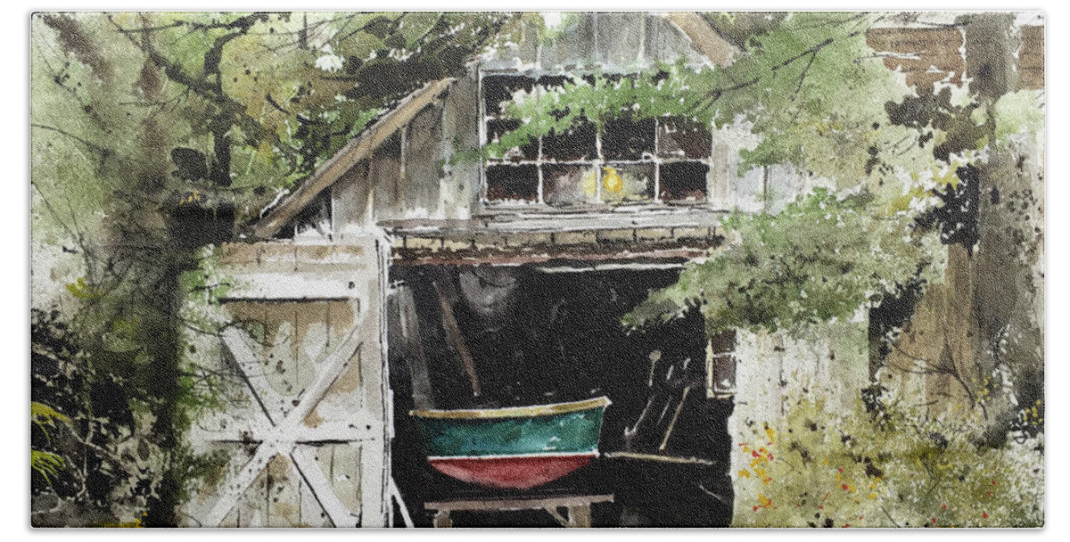 A Small Boat Rests On Sawhorses In A Tool Shed At Round Pond Beach Towel featuring the painting End Of The Season by Monte Toon