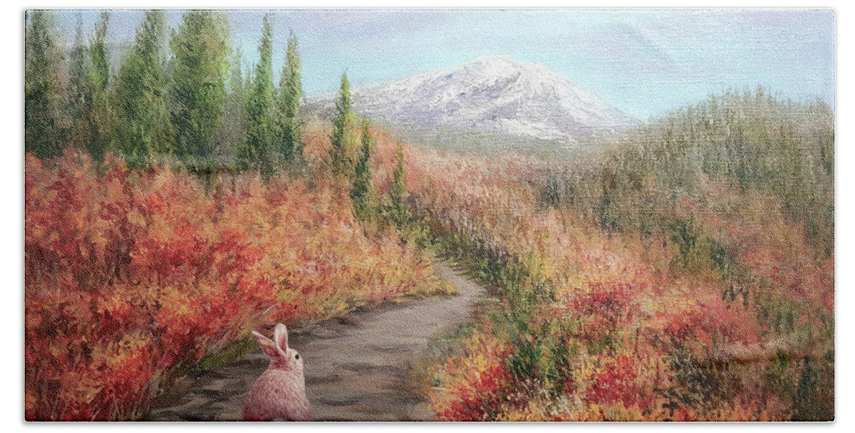Hiking Bunny Beach Towel featuring the painting Enter Autumn by Yoonhee Ko