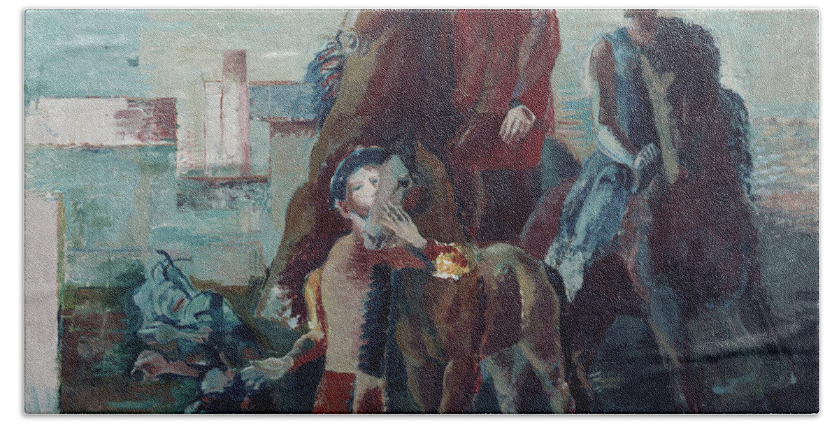 Bjarne Ness Beach Towel featuring the painting Entertainers by O Vaering by Bjarne Ness