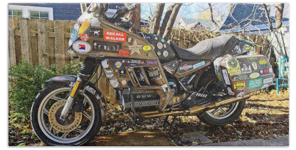 Motorbike Beach Towel featuring the photograph Motobike with stickers 2 by Steven Ralser