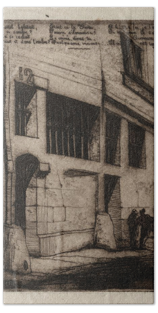 Etchings Of Paris The Street Of The Bad Boys 1854 Charles Meryon Beach Towel featuring the painting Etchings of Paris The Street of the Bad Boys 1854 Charles Meryon by MotionAge Designs