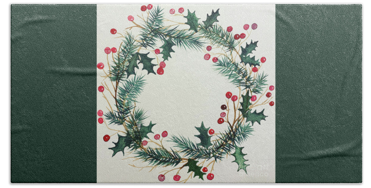 Wreath Beach Towel featuring the painting Evergreen and Holly Wreath by Lisa Neuman