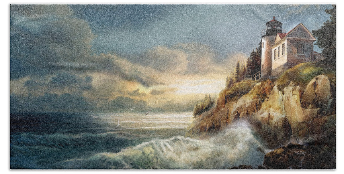 Famous Bass Harbor Head Lighthouse Oil Painting Beach Towel featuring the painting Fading light, Bass Harbor Head Lighthouse by Regina Femrite
