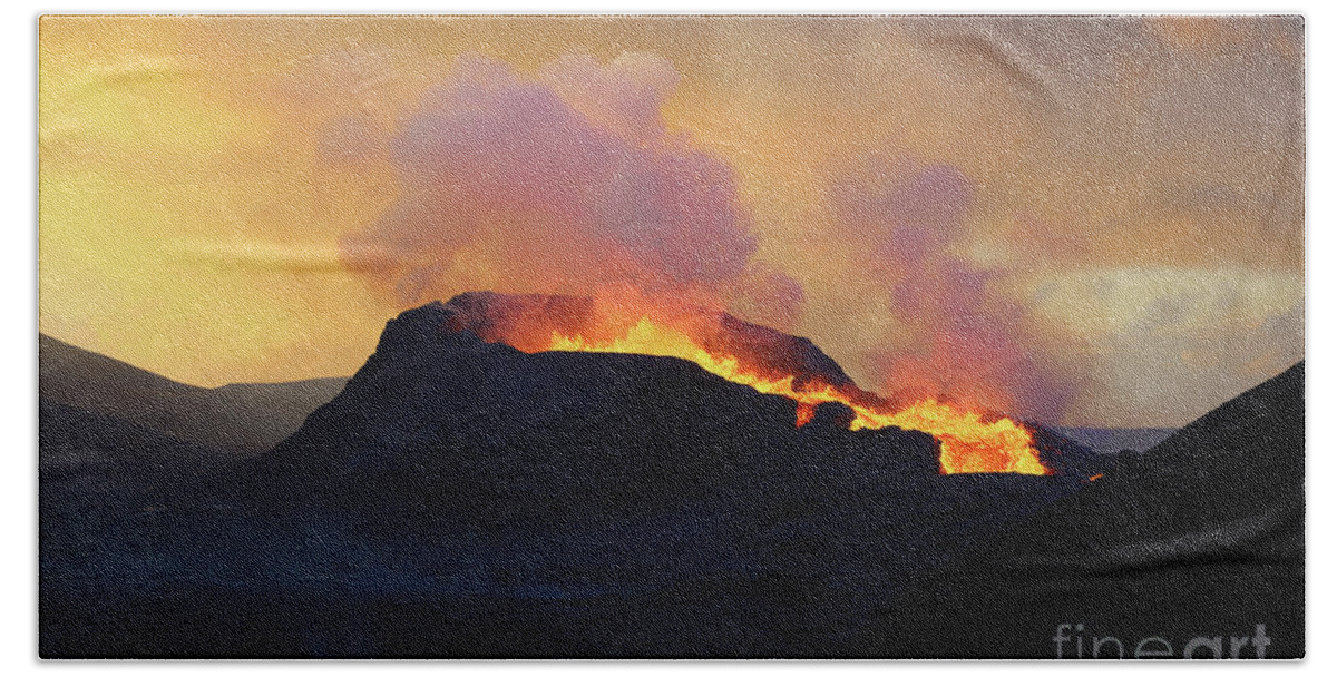 Iceland Beach Towel featuring the photograph Fagradalsfjall Volcano and the Midnight Sun by Shanna Vincent