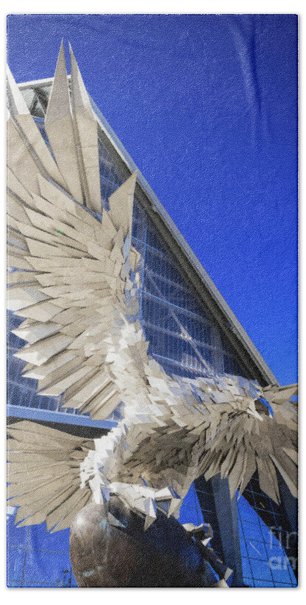 Architecture Beach Towel featuring the photograph Falcon Statue at Mercedes Benz Stadium Atlanta by Sanjeev Singhal