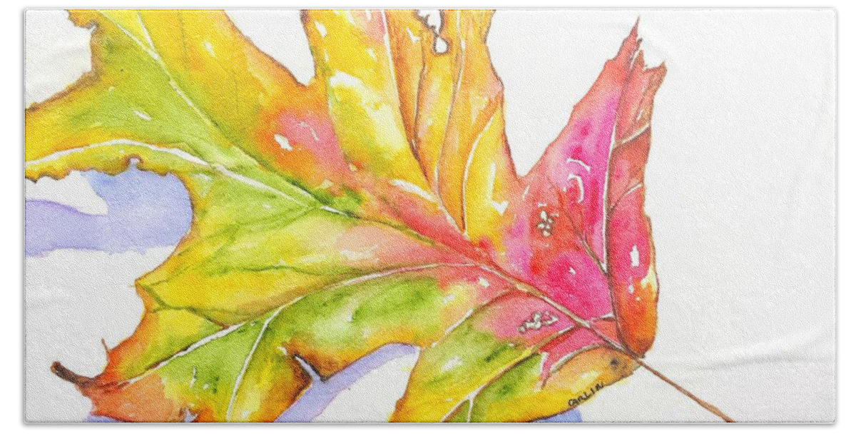 Leaf Beach Towel featuring the painting Fall Color Leaf with Shadow	 by Carlin Blahnik CarlinArtWatercolor