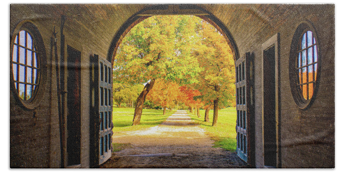 Arch Beach Towel featuring the photograph fall foliage view from historic Barn at Shelburne farms by Ann Moore