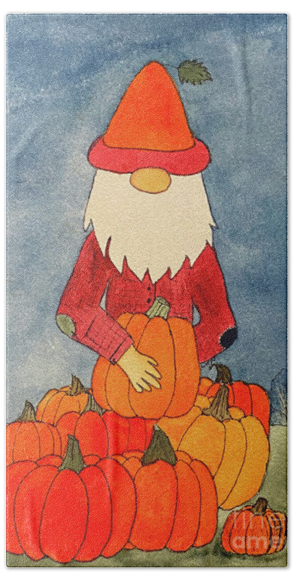 Fall Beach Towel featuring the mixed media Fall Gnome with Pumpkins by Lisa Neuman