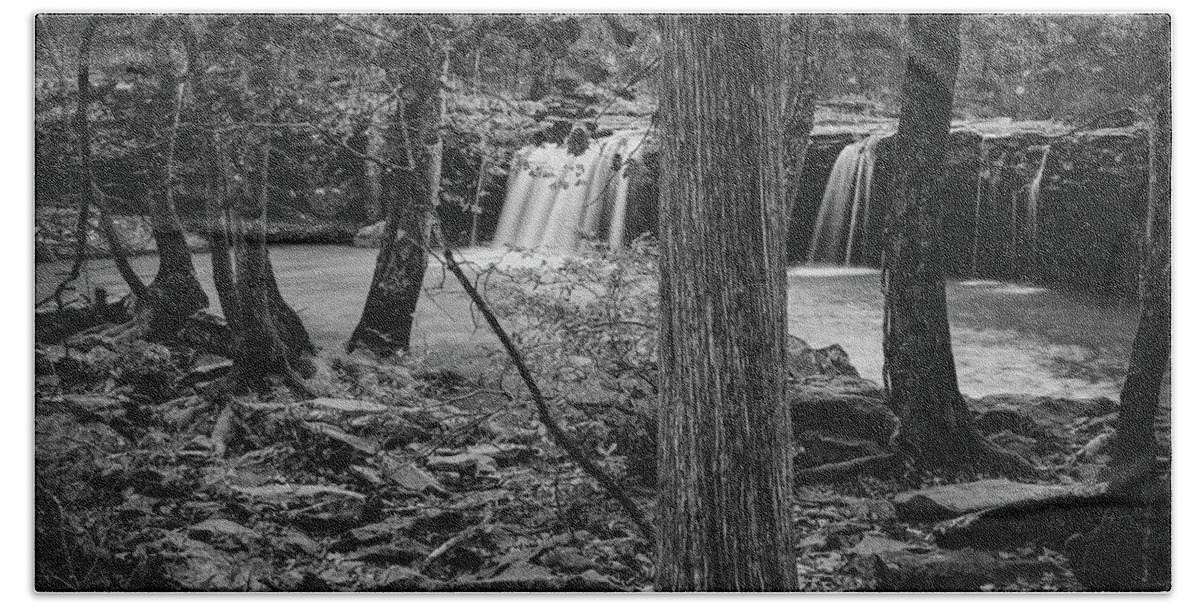 Falling Water Falls Beach Towel featuring the photograph Falling Water Falls Through The Ozark National Forest - Black and White by Gregory Ballos