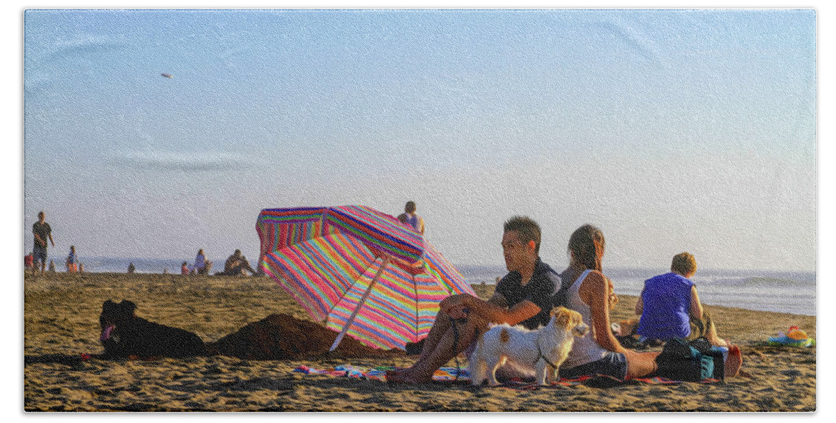 Bonnie Follett Beach Sheet featuring the digital art Family at Ocean Beach with Dogs by Bonnie Follett