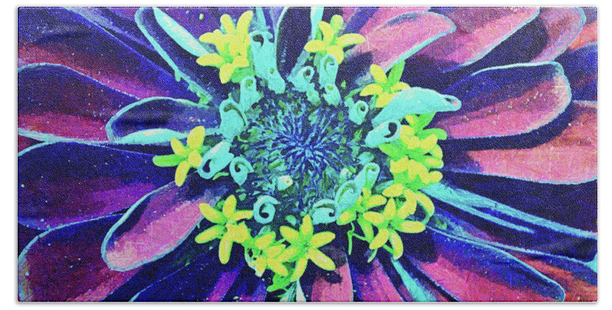 Far Out Beach Towel featuring the digital art Far Out and Colorful Zinnia Flower by Gaby Ethington