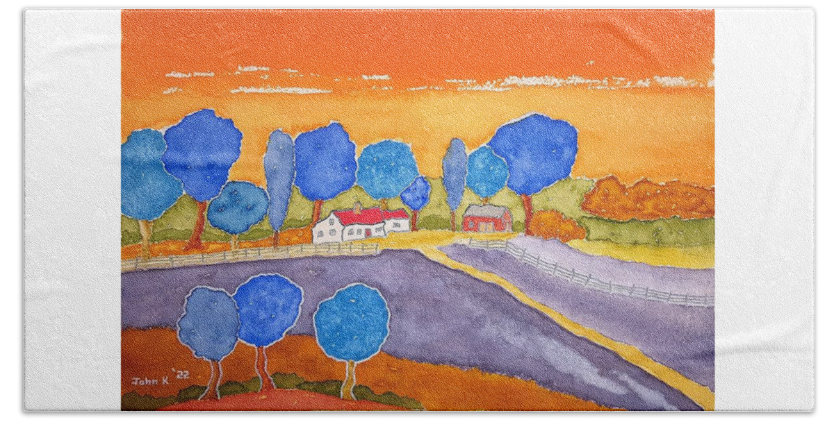 Watercolor Beach Towel featuring the painting Faraway Farm by John Klobucher